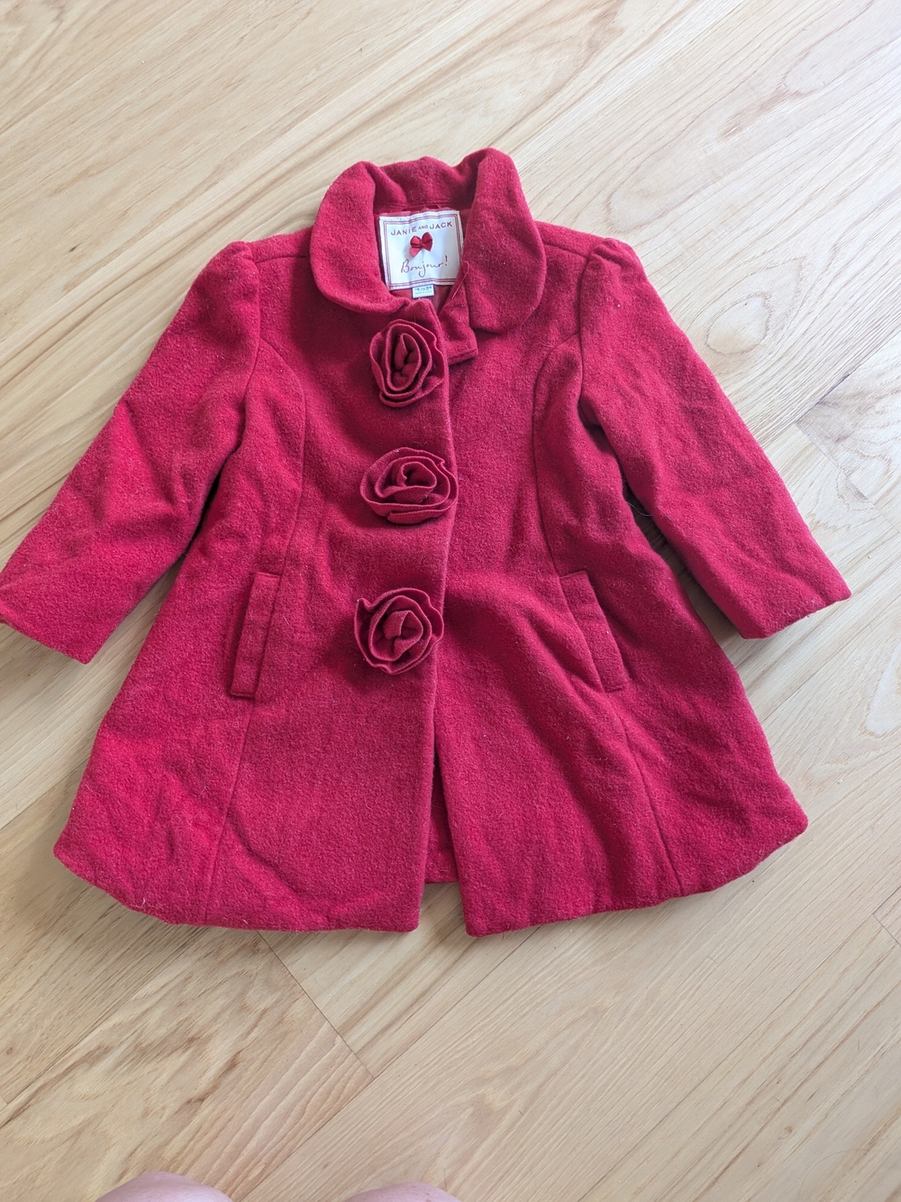 Janie & Jack Girls' Vibrant Red With Rose Details •  Wool Coat • Size 18-25 Mo
